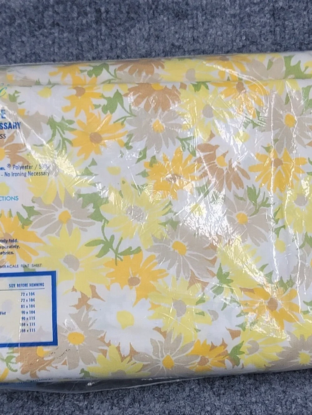 NOS Vintage 70s Pacific Miracle No-Iron King Fitted Sheet Yellow Floral Fortrel